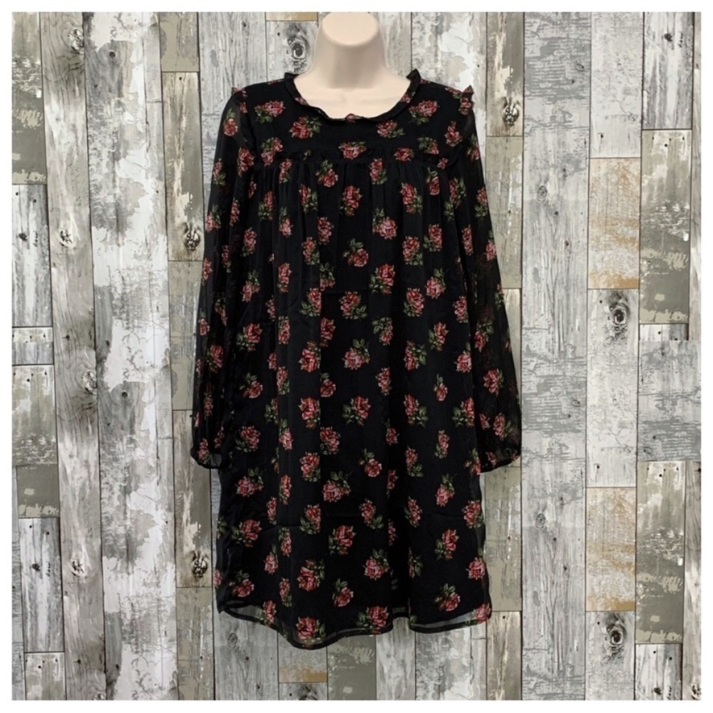 NWT Gap Kids Boho Sheer Long Sleeve Ruffle Black Floral Shift Swing Dress XXL